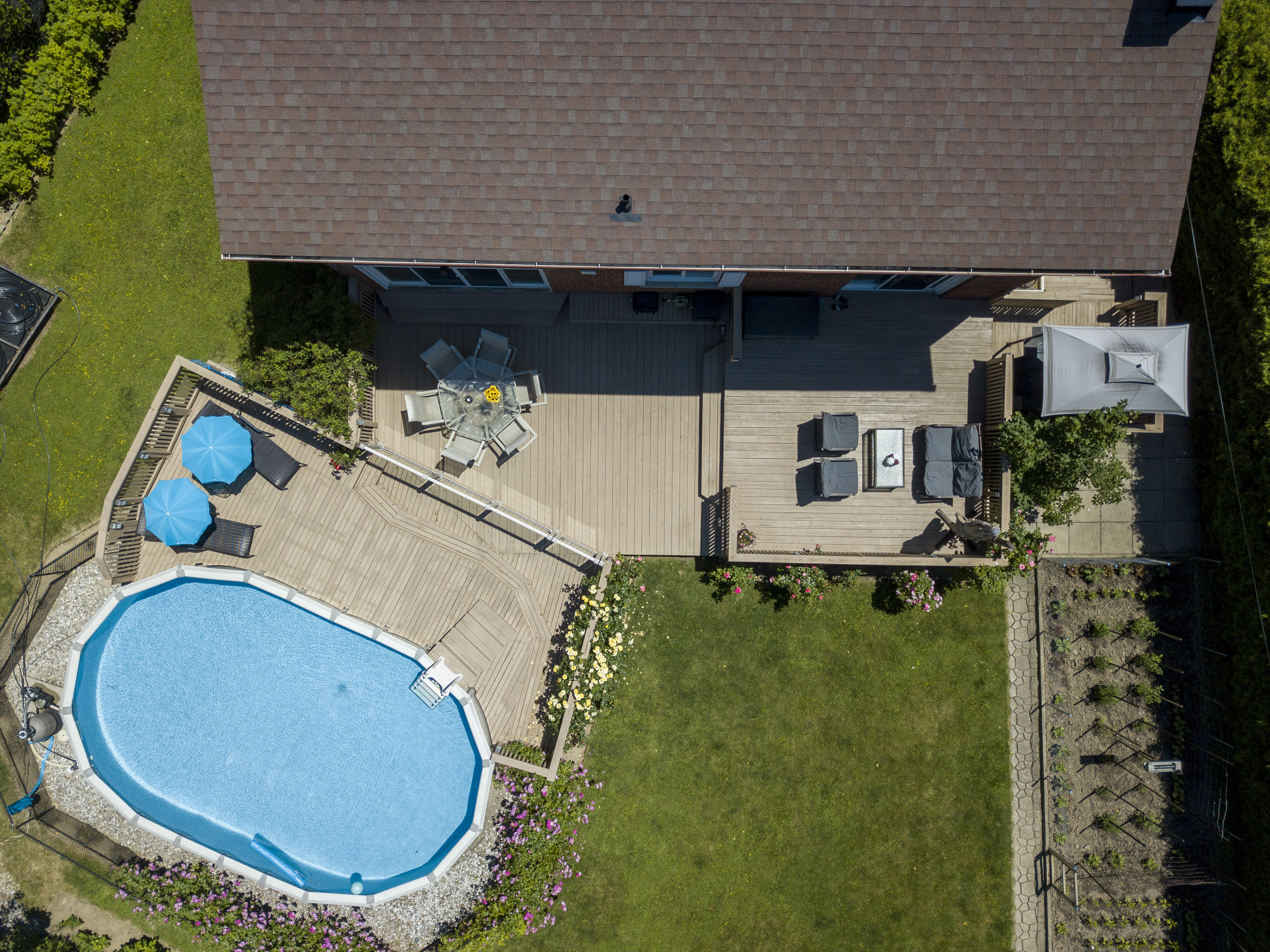 Top-down view of the pool and deck
